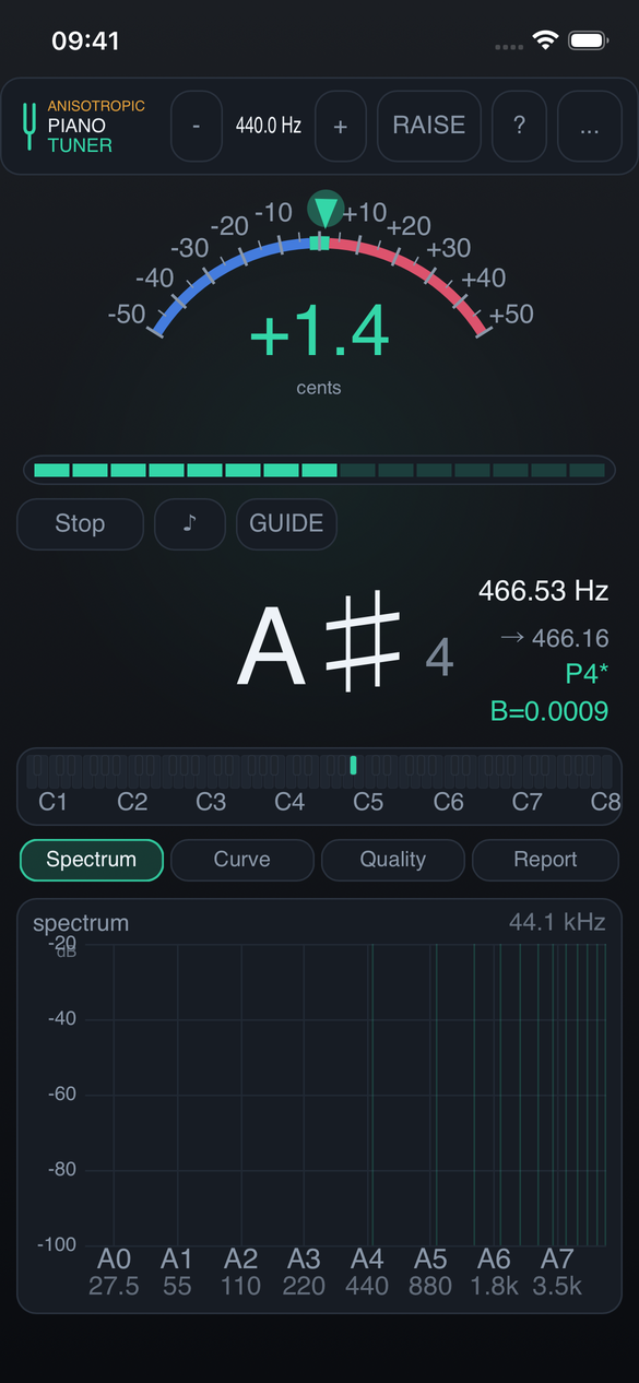 Anisotropic Piano Tuner main tuning screen